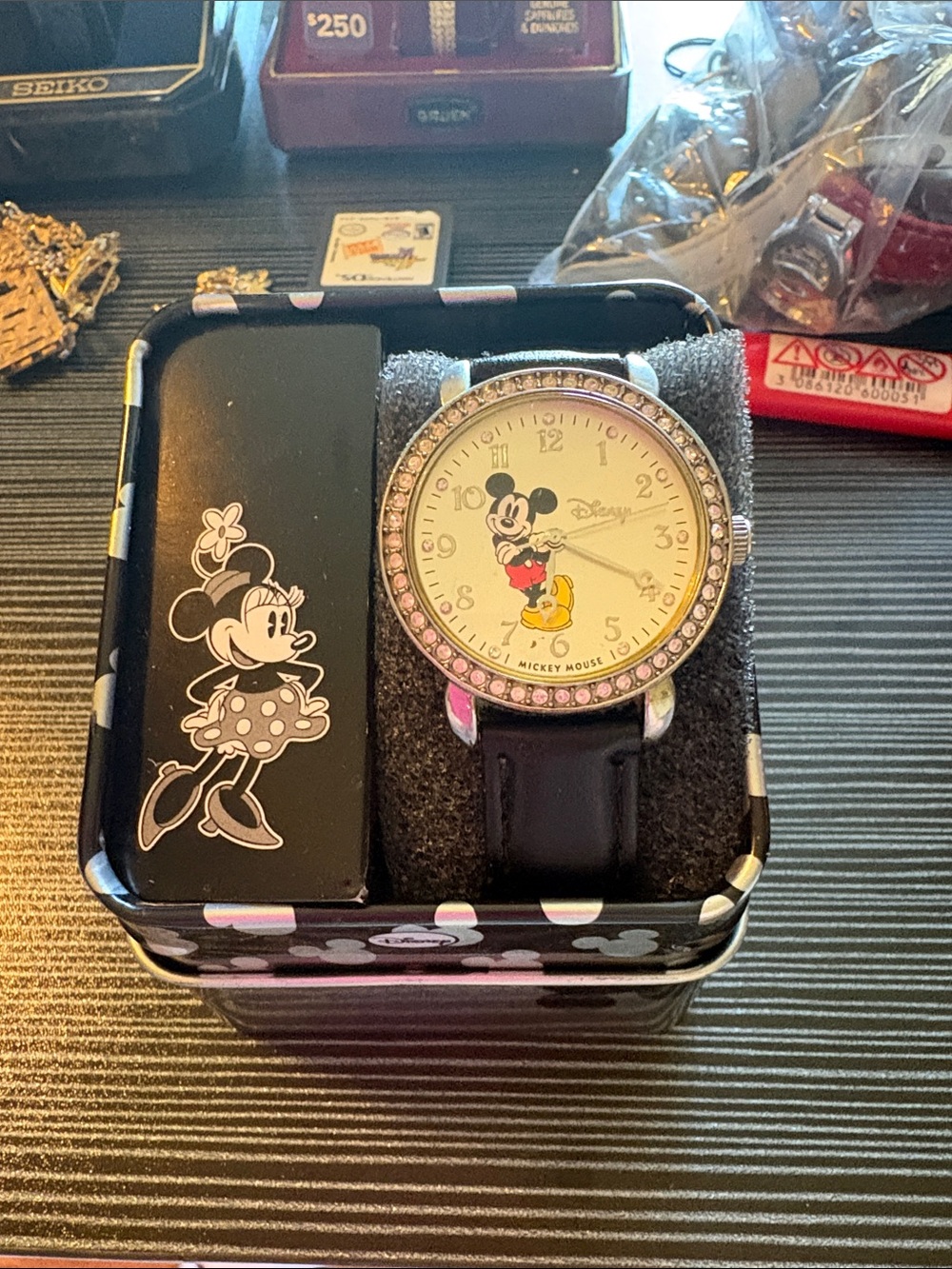 Disney Mickey Mouse Ladies Watch - Black Band with Rhinestone Bezel